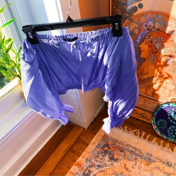 Periwinkle Blue Ruffle Peasant along Sleeved Off The Shoulder Crop Top - Picture 8 of 9